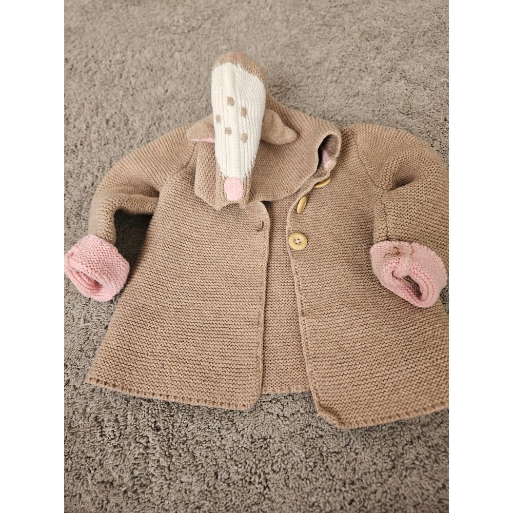 Baby Boden Deer Hooded Knit Cardigan Tan Pink Fawn Sweater 12-18M